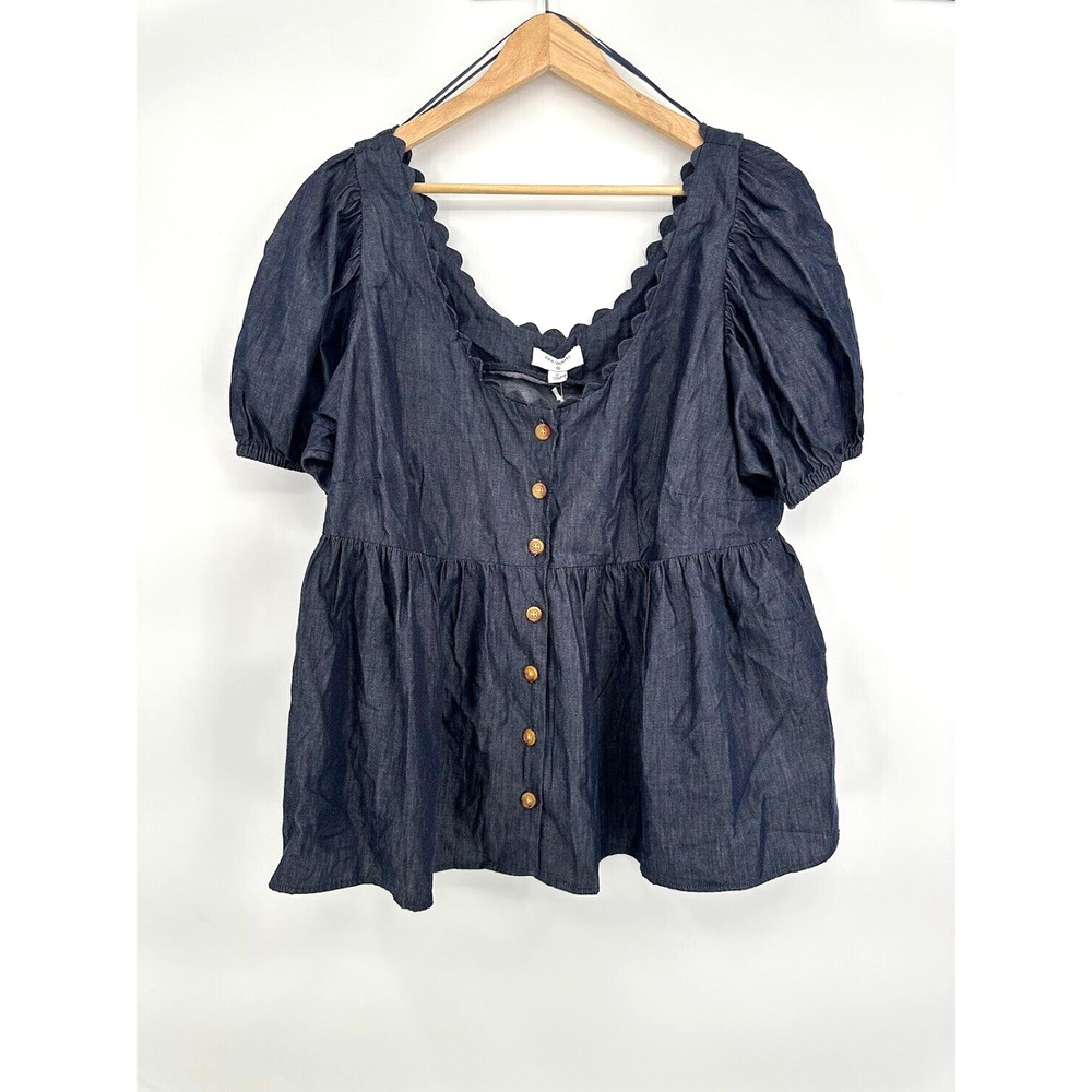 Kika Vargas Chambray Peplum Cotton Blouse Indigo Blue Puff Sleeve Size 1X NWT